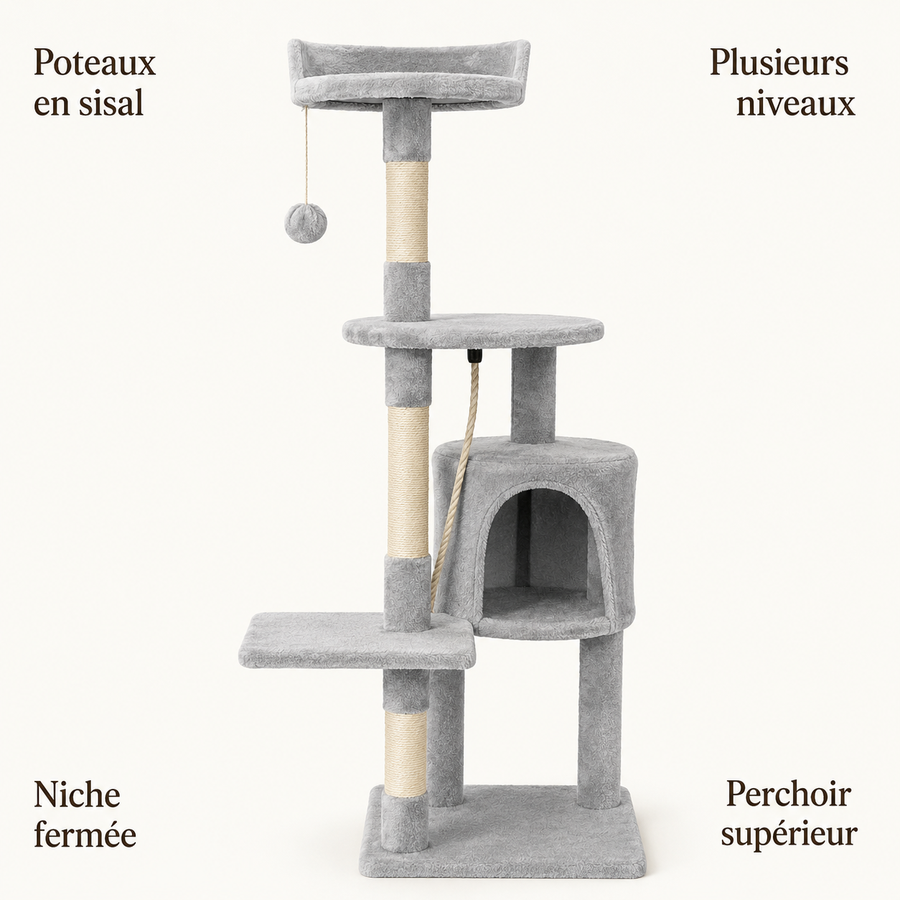 Arbre à chat gris : poteaux en sisal, plusieurs niveaux, niche fermée, perchoir supérieur