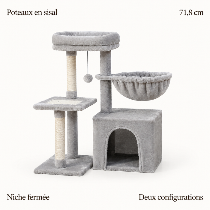 Arbre à chat compact : poteaux en sisal, 71,8 cm, niche fermée, deux configurations