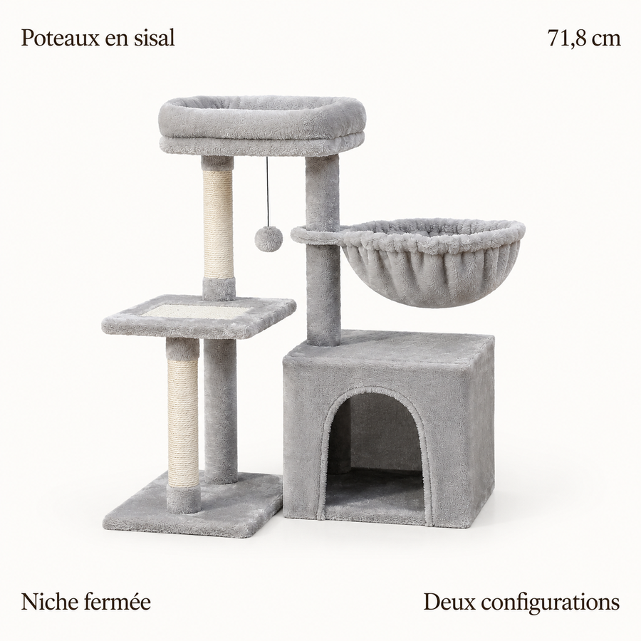 Arbre à chat compact : poteaux en sisal, 71,8 cm, niche fermée, deux configurations