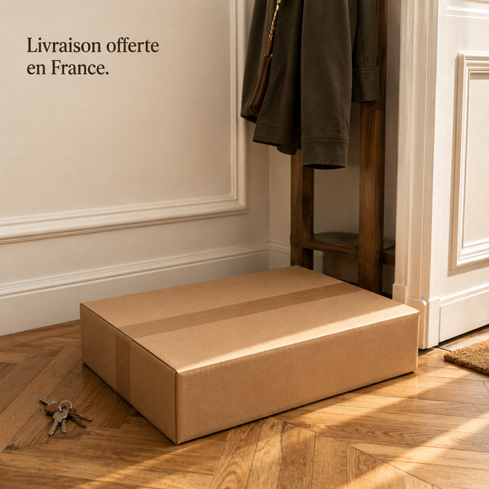Carton de livraison de l'arbre à chat gris dans l'entrée