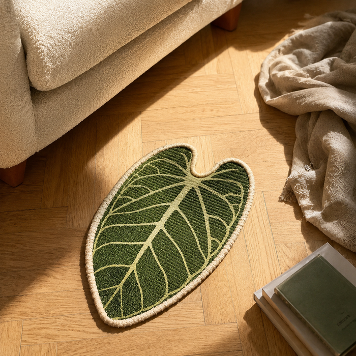 Griffoir feuille posé à plat sur le parquet au pied du canapé