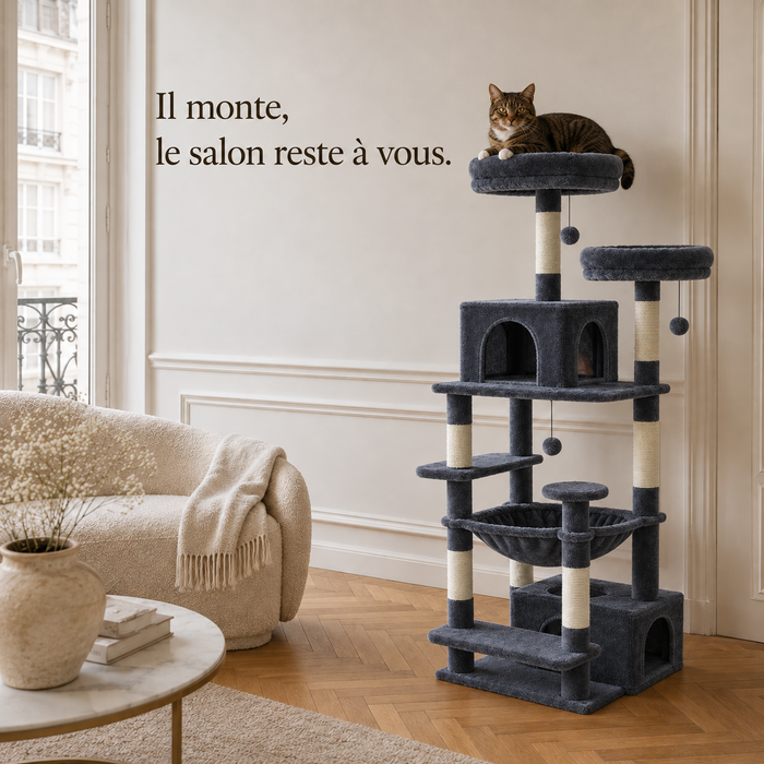 Arbre à chat 184 cm gris anthracite dans un salon, le chat installé sur le plateau haut