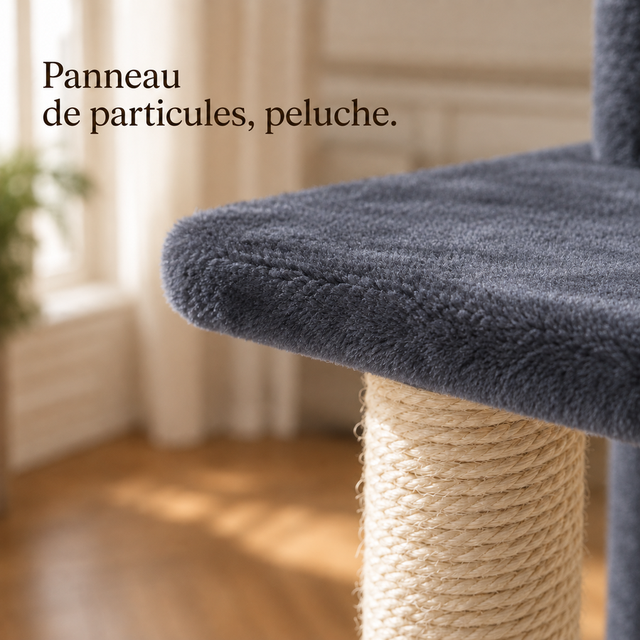 Peluche gris anthracite et poteau en sisal naturel, détail de matière