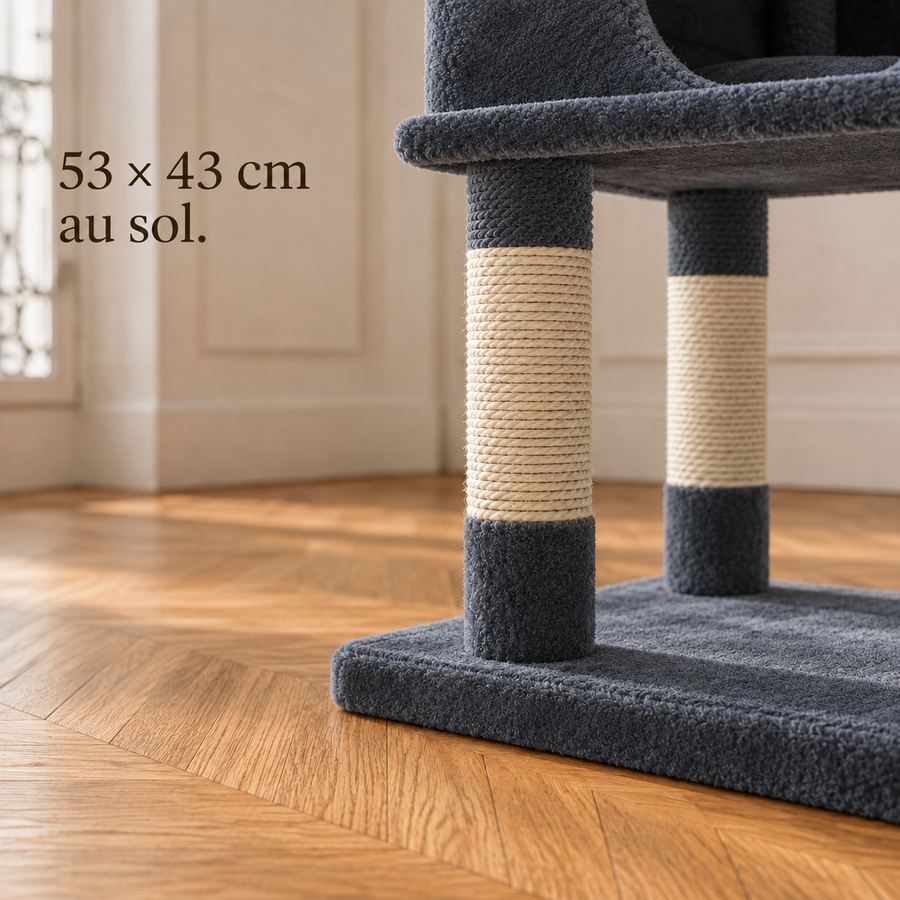 Base large de l'arbre à chat 184 cm gris anthracite posée sur le parquet