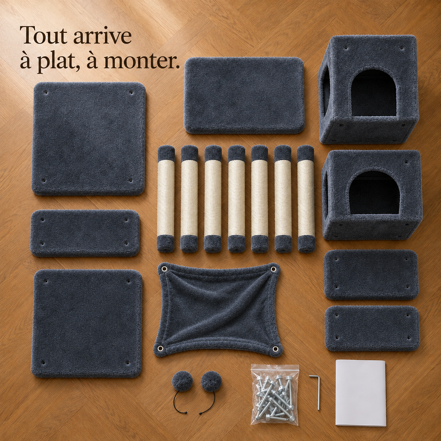 Toutes les pièces de l'arbre à chat 184 cm gris anthracite posées à plat avant montage