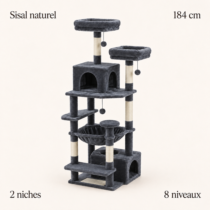 Arbre à chat 184 cm gris anthracite : sept poteaux sisal, deux niches, huit niveaux