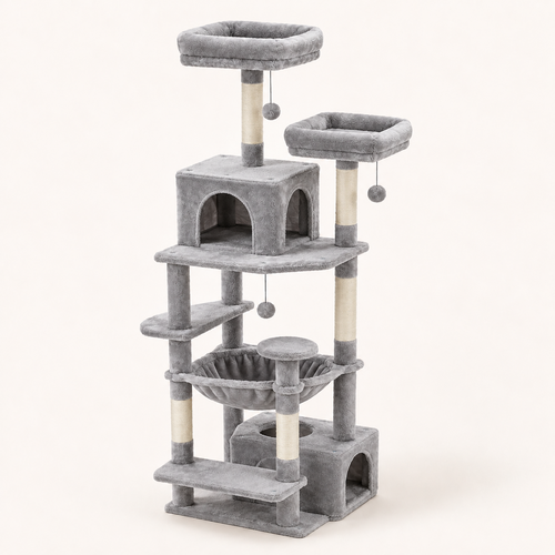 Arbre à chat 184 cm gris clair, vue d'ensemble sur fond neutre