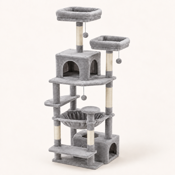 Arbre à chat 184 cm gris clair, vue d'ensemble sur fond neutre