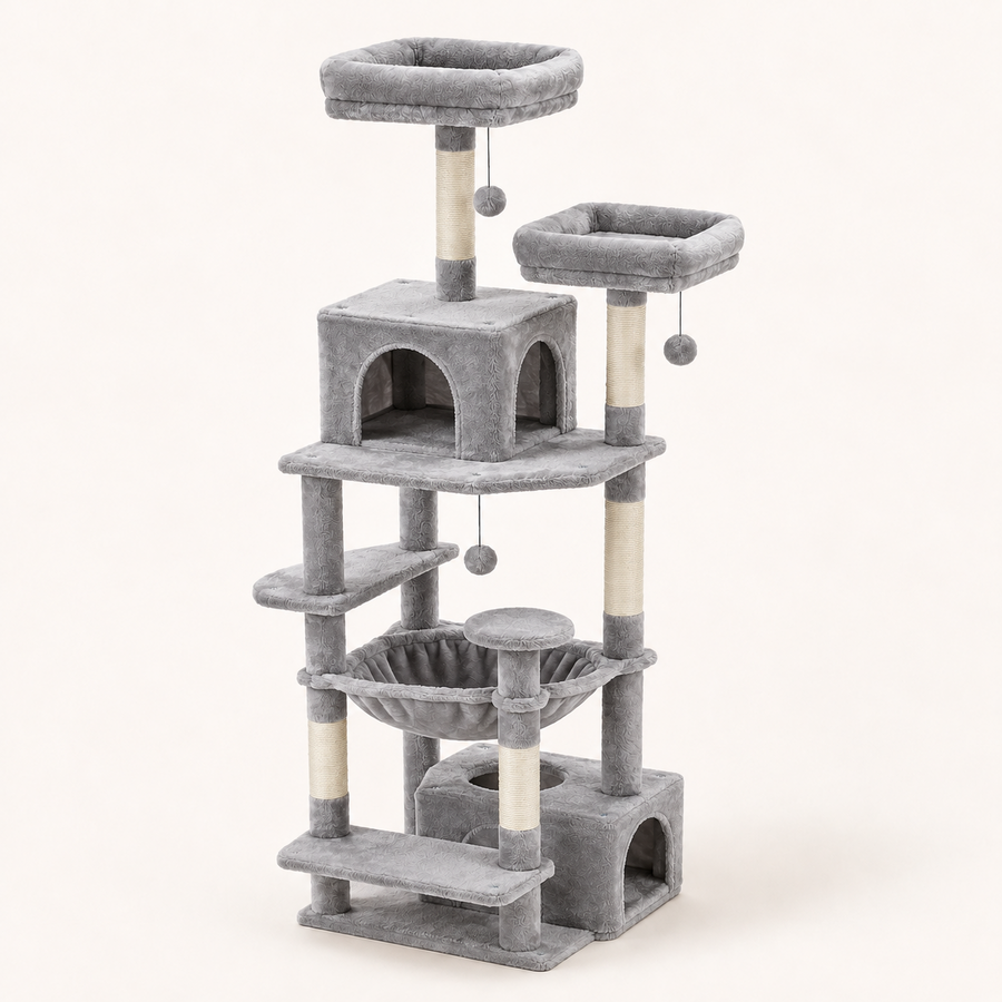 Arbre à chat 184 cm gris clair, vue d'ensemble sur fond neutre