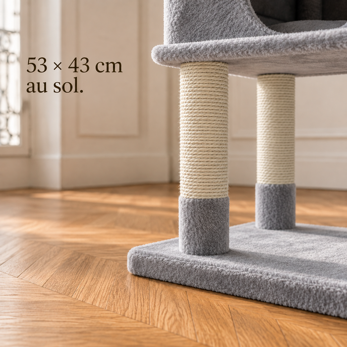 Base large de l'arbre à chat 184 cm gris clair posée sur le parquet