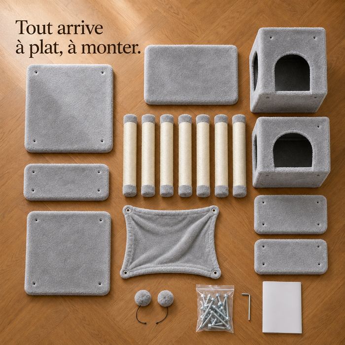Toutes les pièces de l'arbre à chat 184 cm gris clair posées à plat avant montage