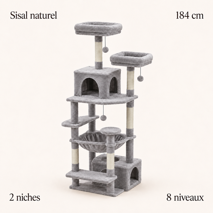 Arbre à chat 184 cm gris clair : sept poteaux sisal, deux niches, huit niveaux