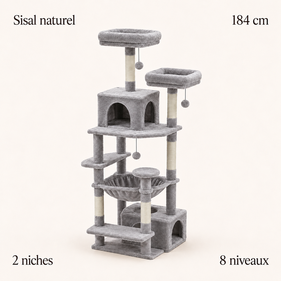 Arbre à chat 184 cm gris clair : sept poteaux sisal, deux niches, huit niveaux