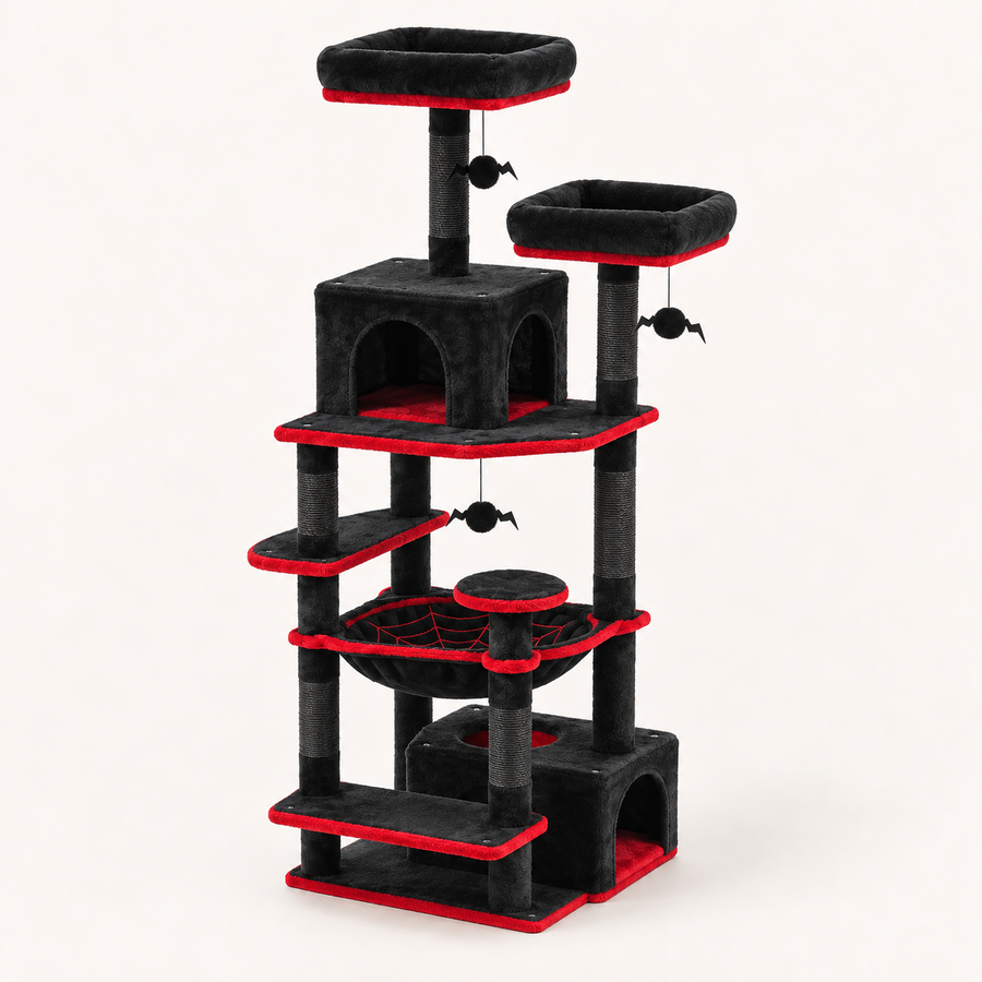 Arbre à chat 184 cm noir et rouge, vue d'ensemble sur fond neutre
