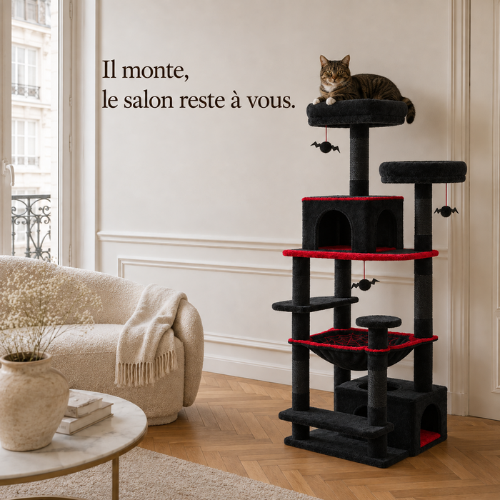 Arbre à chat 184 cm noir et rouge dans un salon, le chat installé sur le plateau haut