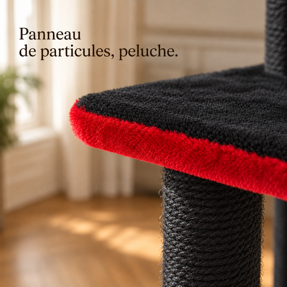 Peluche noire et poteau en sisal teinté noir, détail de matière