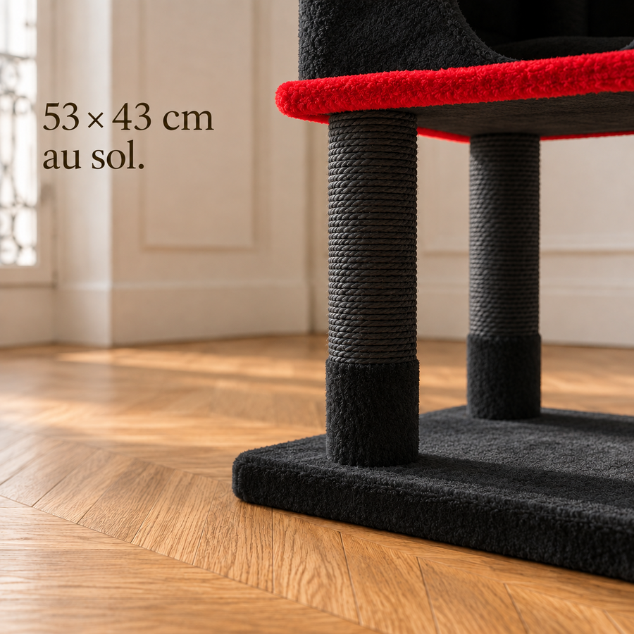 Base large de l'arbre à chat 184 cm noir et rouge posée sur le parquet