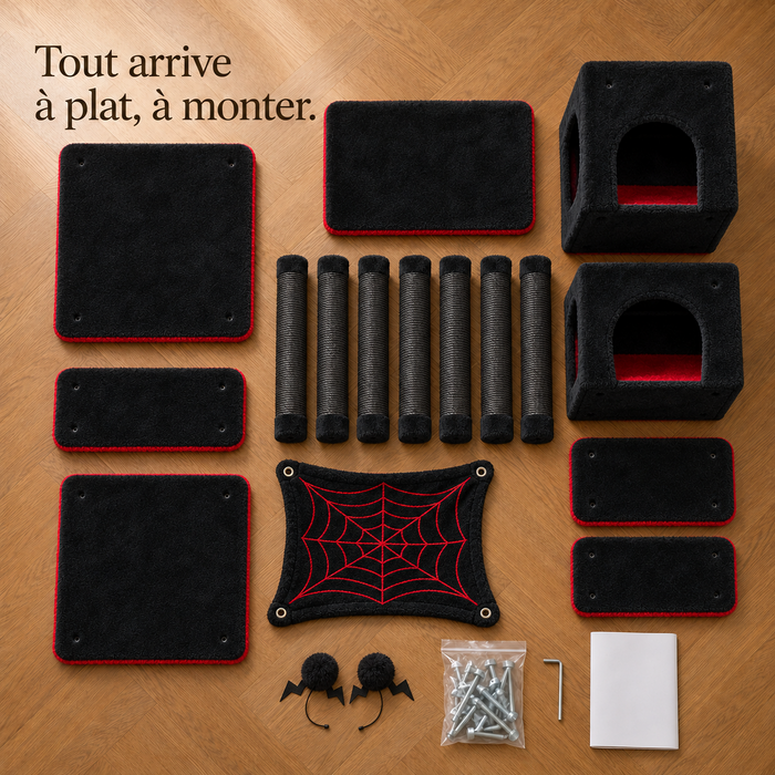 Toutes les pièces de l'arbre à chat 184 cm noir et rouge posées à plat avant montage