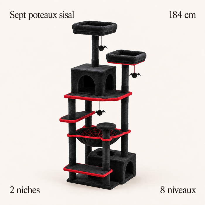 Arbre à chat 184 cm noir et rouge : sept poteaux sisal, deux niches, huit niveaux