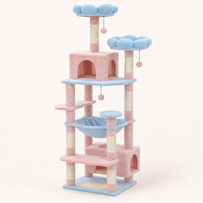 Arbre à chat 184 cm rose et bleu, vue d'ensemble sur fond neutre