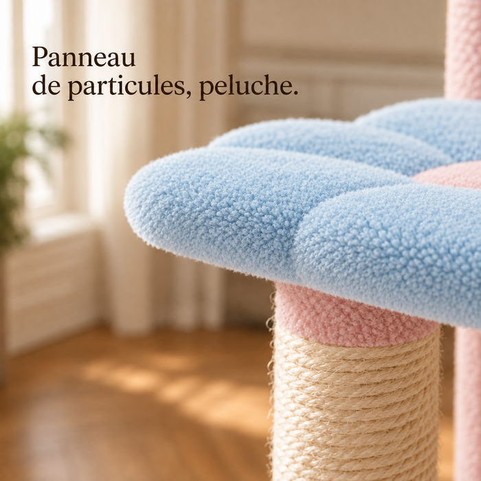 Peluche rose et poteau en sisal naturel, détail de matière