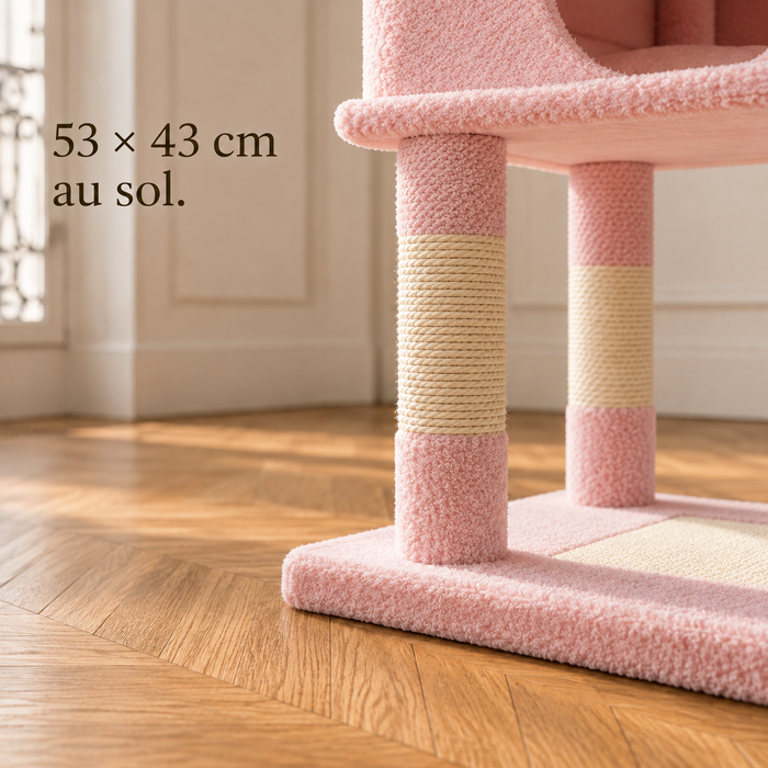 Base large de l'arbre à chat 184 cm rose et bleu posée sur le parquet