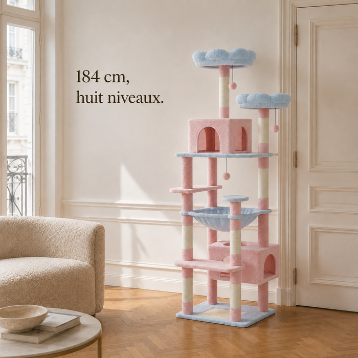 Arbre à chat rose et bleu de 184 cm et huit niveaux, hauteur comparée à la porte du salon