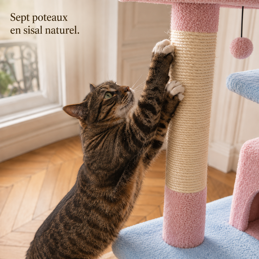 Chat qui griffe un poteau en sisal naturel de l'arbre à chat 184 cm rose et bleu