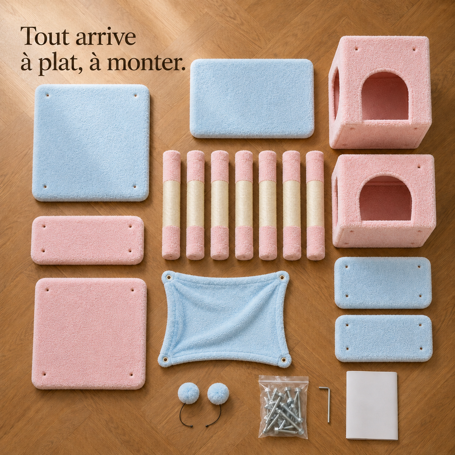 Toutes les pièces de l'arbre à chat 184 cm rose et bleu posées à plat avant montage