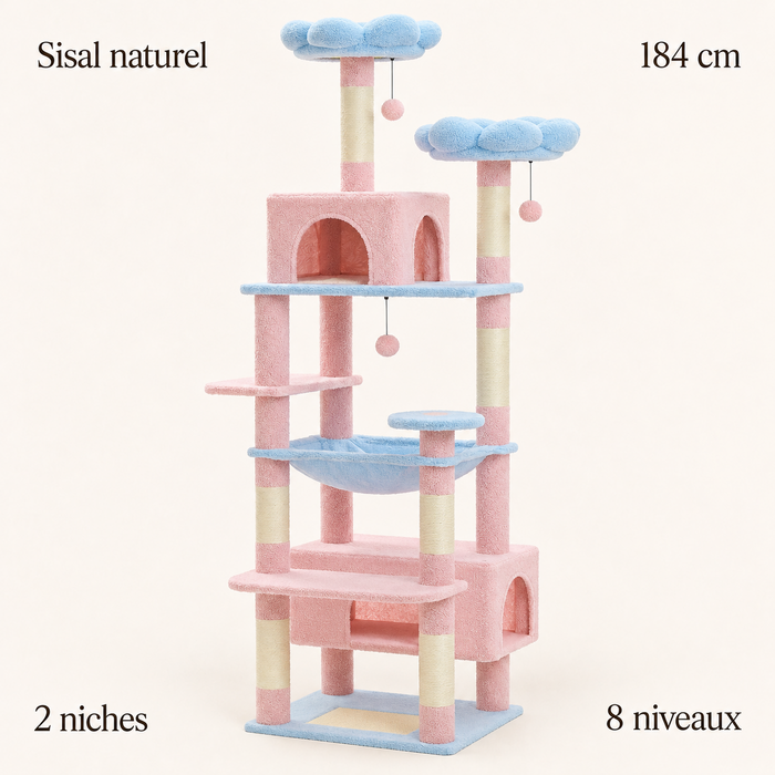 Arbre à chat 184 cm rose et bleu : sept poteaux sisal, deux niches, huit niveaux