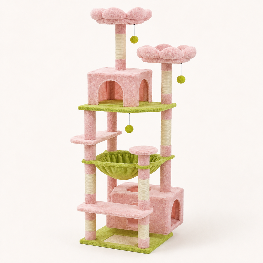 Arbre à chat 184 cm rose et vert, vue d'ensemble sur fond neutre
