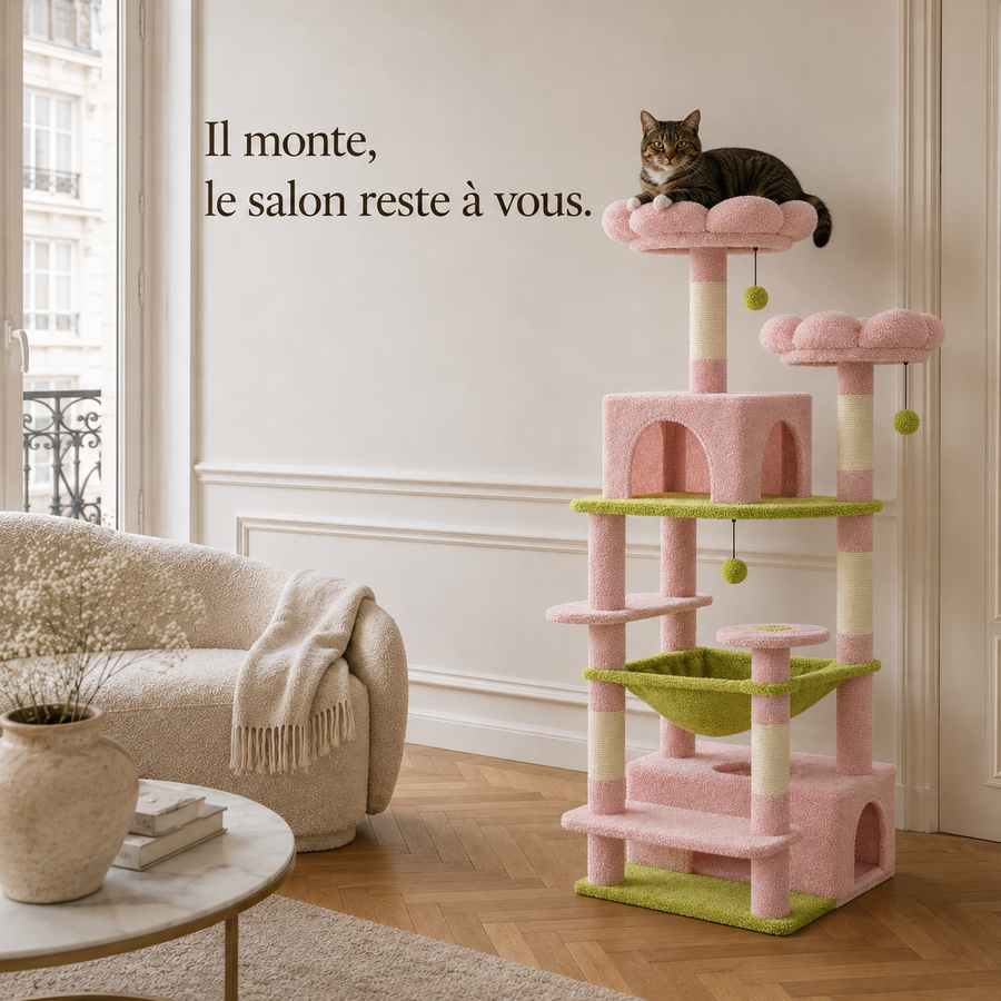 Arbre à chat 184 cm rose et vert dans un salon, le chat installé sur le plateau haut