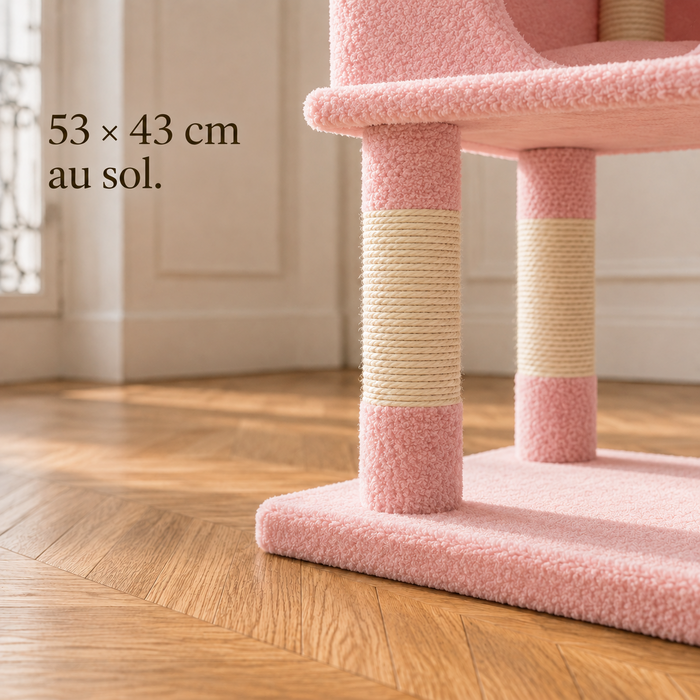 Base large de l'arbre à chat 184 cm rose et vert posée sur le parquet