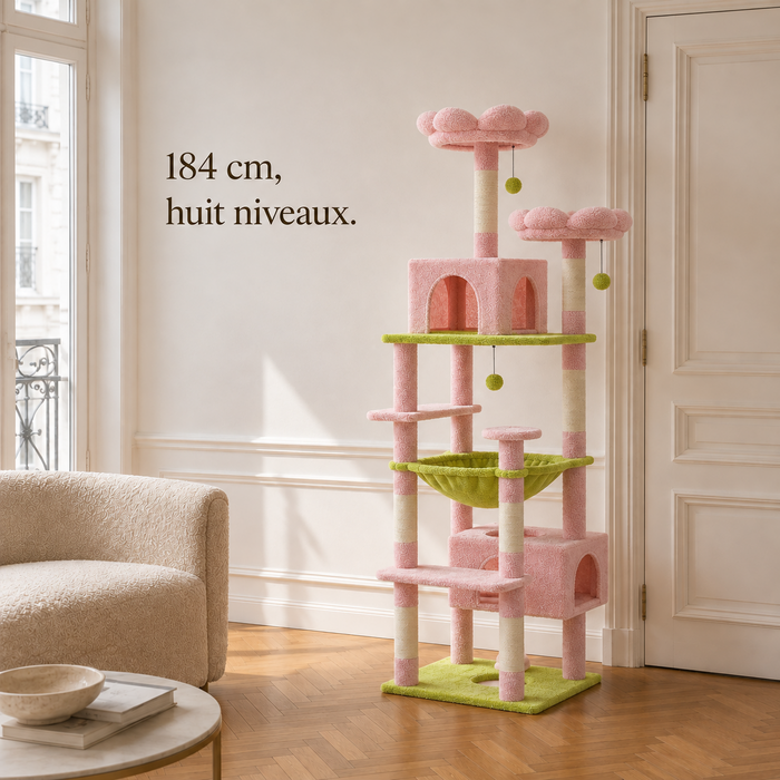 Arbre à chat rose et vert de 184 cm et huit niveaux, hauteur comparée à la porte du salon