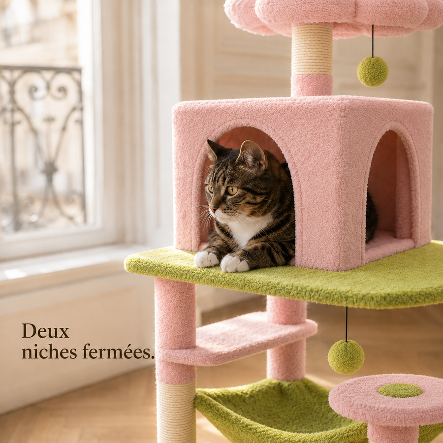 Chat installé dans la niche fermée de l'arbre à chat 184 cm rose et vert