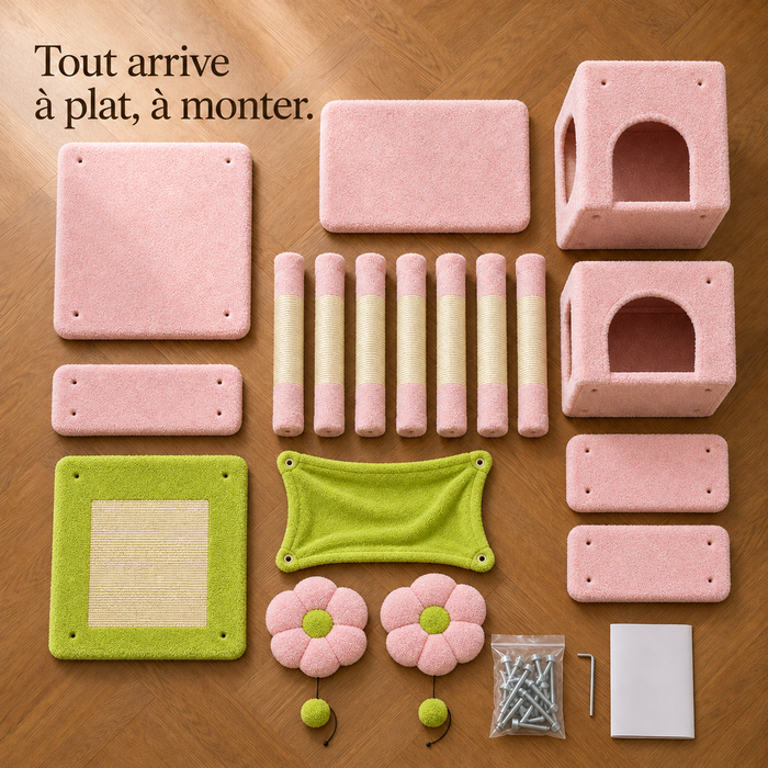 Toutes les pièces de l'arbre à chat 184 cm rose et vert posées à plat avant montage