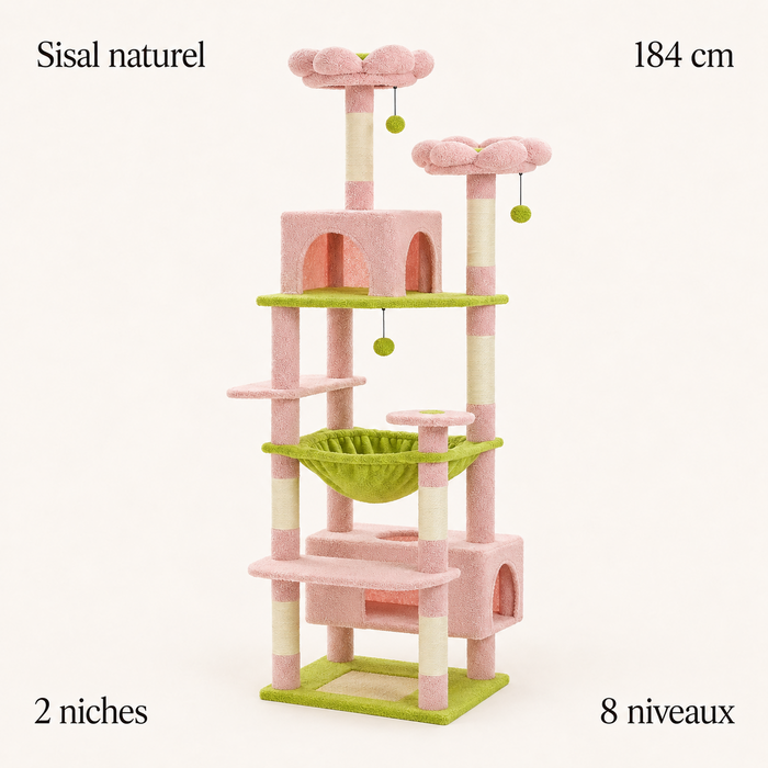 Arbre à chat 184 cm rose et vert : sept poteaux sisal, deux niches, huit niveaux