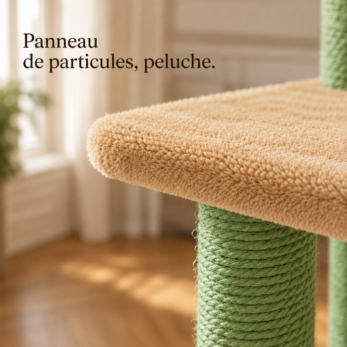 Peluche verte et poteau en sisal teinté vert, détail de matière