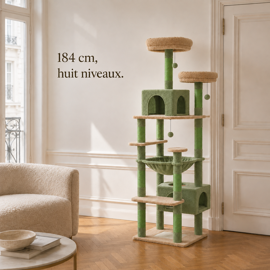 Arbre à chat vert de 184 cm et huit niveaux, hauteur comparée à la porte du salon