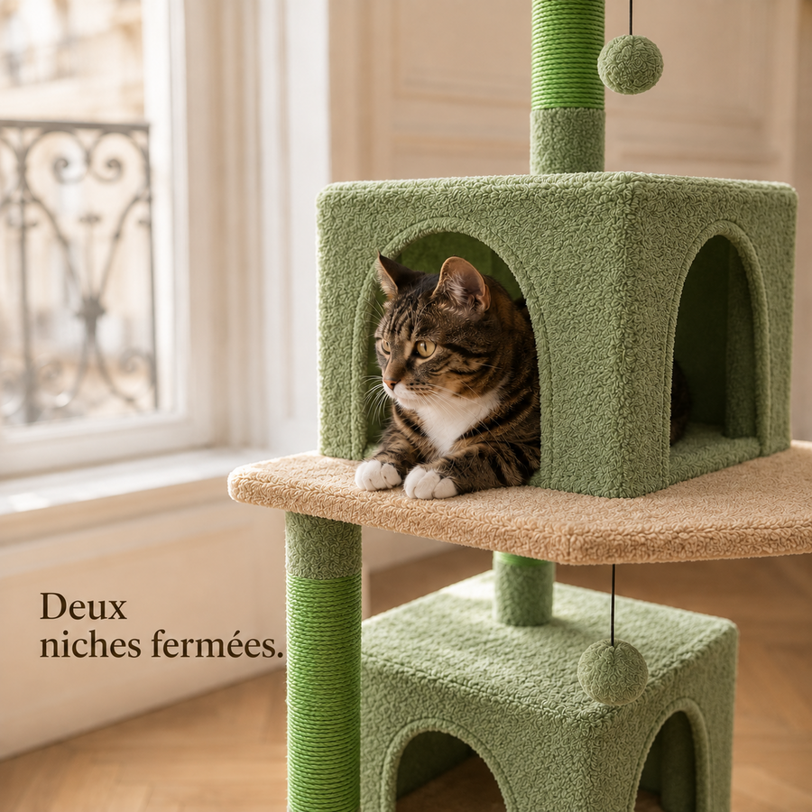 Chat installé dans la niche fermée de l'arbre à chat 184 cm vert