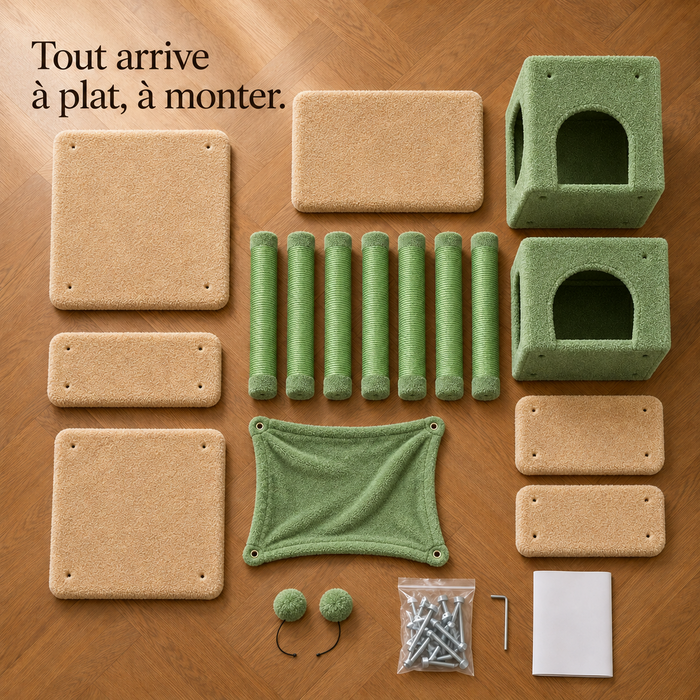Toutes les pièces de l'arbre à chat 184 cm vert posées à plat avant montage
