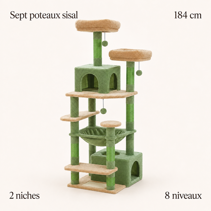 Arbre à chat 184 cm vert : sept poteaux sisal, deux niches, huit niveaux
