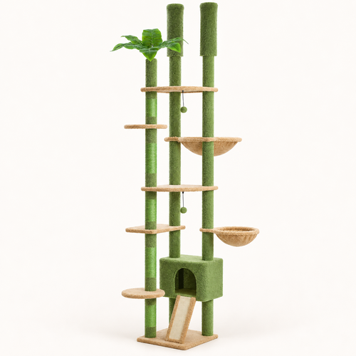 Arbre à chat sol-plafond à colonne verte, vue d'ensemble sur fond clair