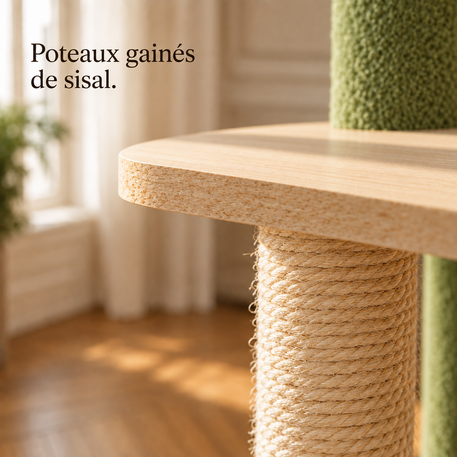 Poteaux gainés de sisal de l'arbre à chat sol-plafond à colonne verte, détail de matière