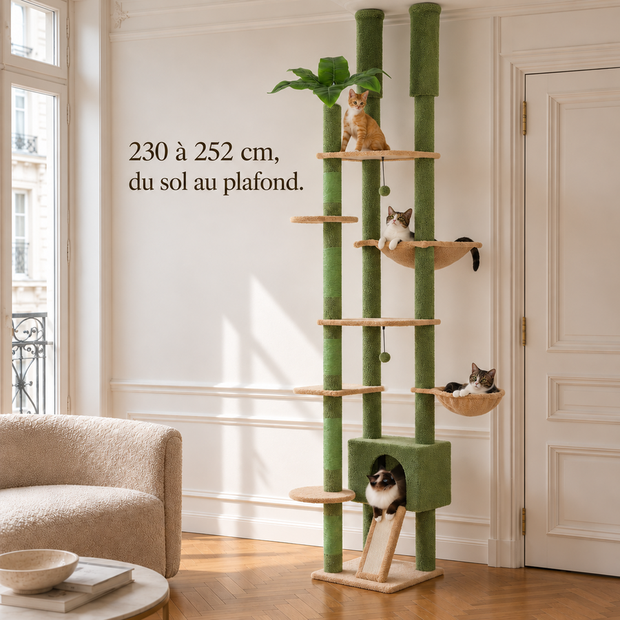 Arbre à chat sol-plafond à colonne verte sur toute sa hauteur, réglable de 230 à 252 cm