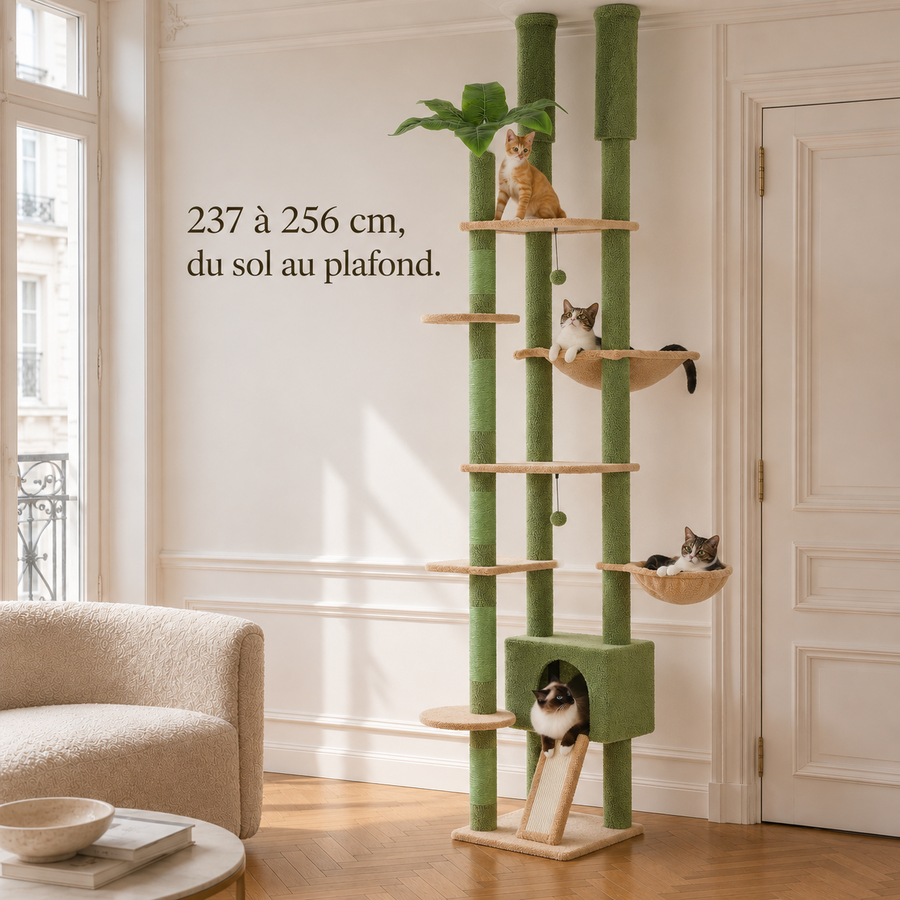 Arbre à chat sol-plafond à colonne verte sur toute sa hauteur, réglable de 237 à 256 cm