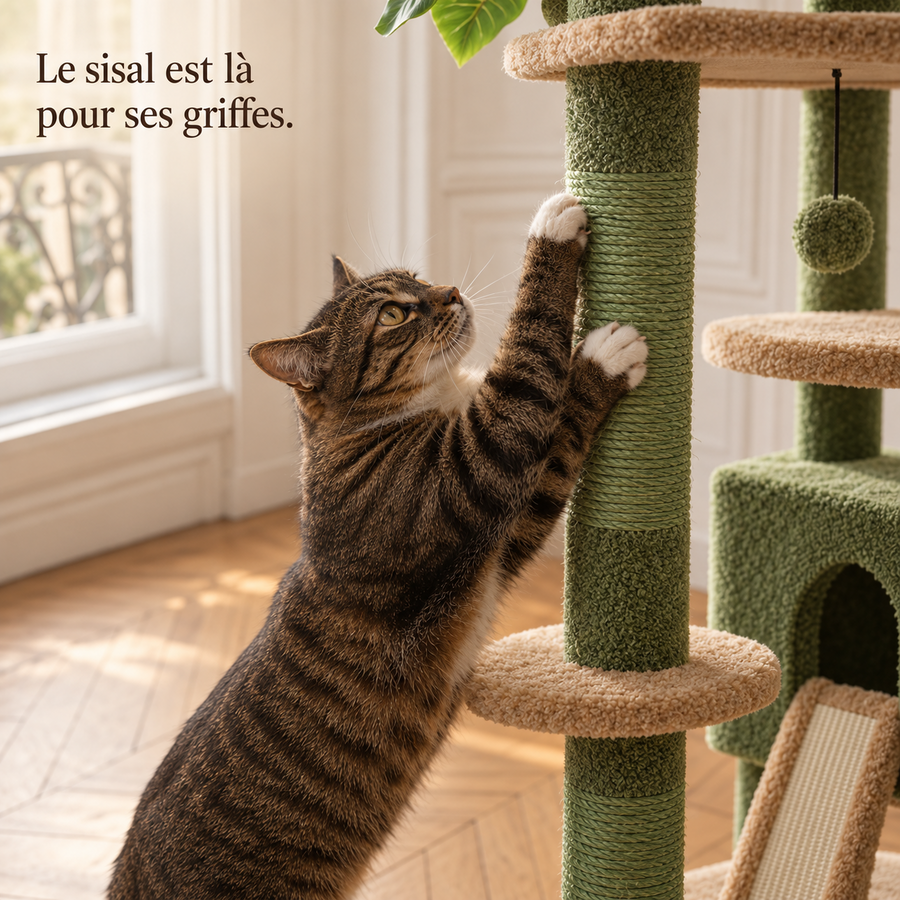 Chat qui griffe un poteau de sisal de l'arbre à chat sol-plafond à colonne verte