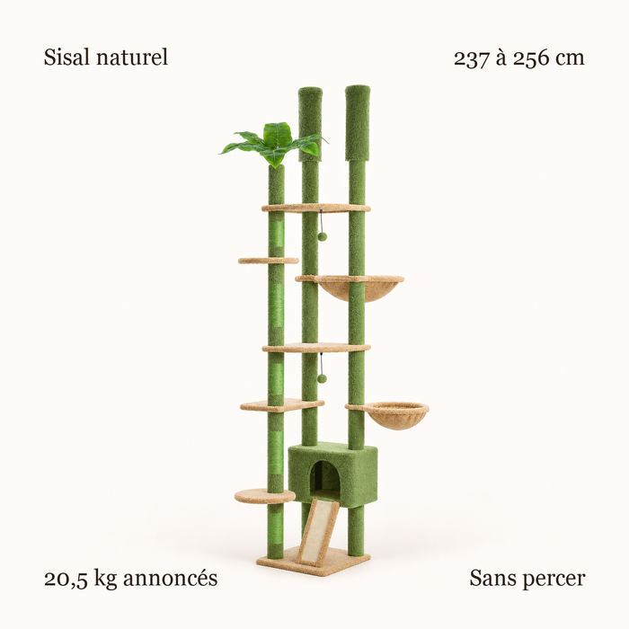 Synthèse de l'arbre à chat sol-plafond à colonne verte : sisal naturel, 237 à 256 cm, 20,5 kg annoncés, sans perçage