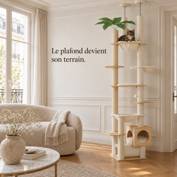 Arbre à chat sol-plafond beige calé du sol au plafond dans un salon, un chat sur un plateau