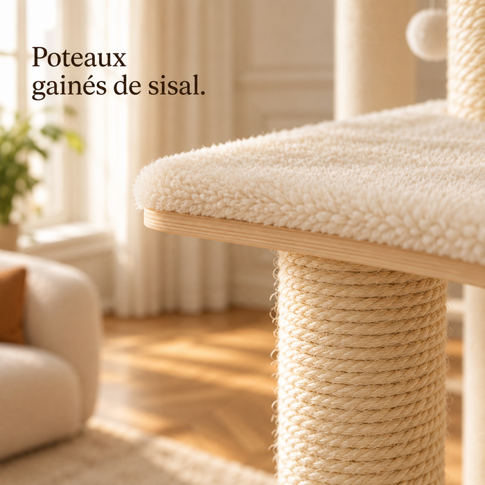 Poteaux gainés de sisal de l'arbre à chat sol-plafond beige, détail de matière